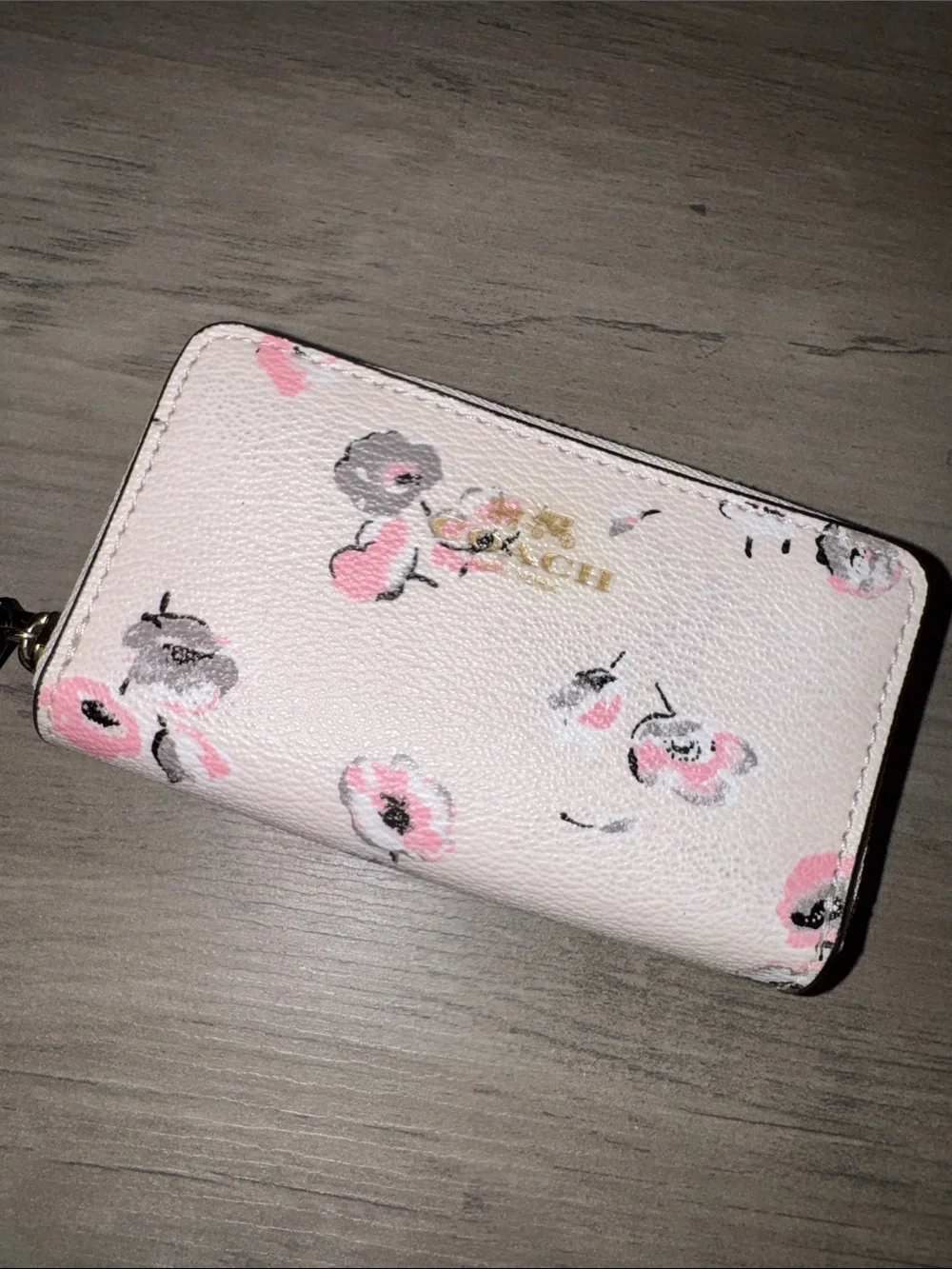 COACH Cream Floral Double Zip Wallet with Pink Accents